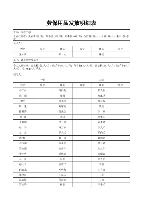 劳保用品发放明细表