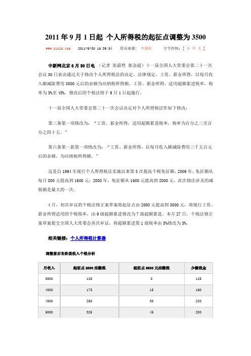 2011年9月1日个人所得税起征点3500元