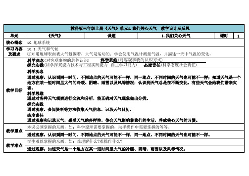 教科版科学三年级上册第三单元《天气》表格式教案