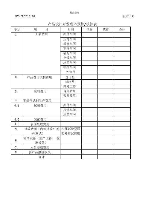 产品设计开发成本预算核算表