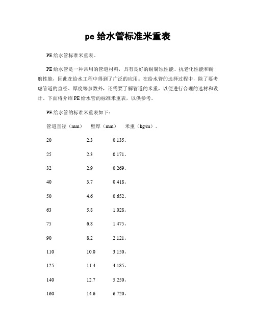 pe给水管标准米重表