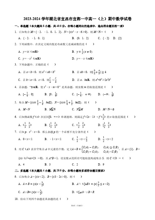 2023-2024学年湖北省宜昌市宜都一中高一(上)期中数学试卷【答案版】