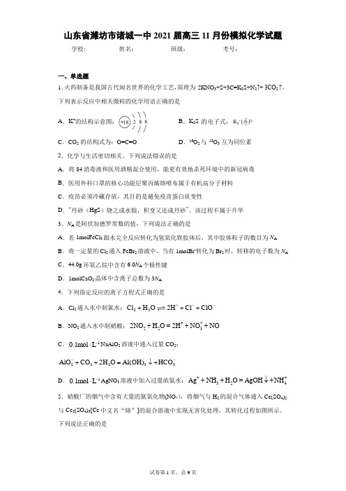 山东省潍坊市诸城一中2021届高三11月份模拟化学试题