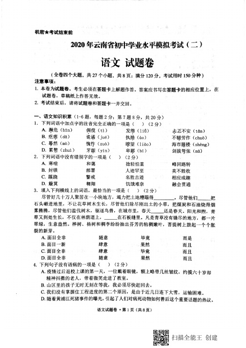 2020年云南省初中学业水平模拟考试(二)语文试题卷(有答案)