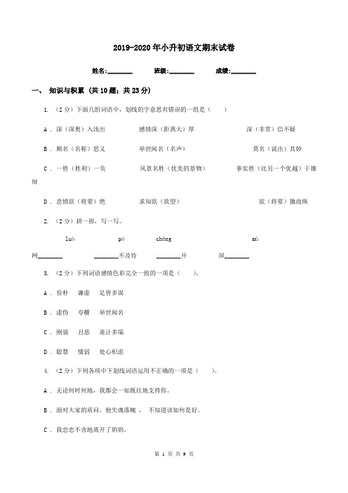 2019-2020年小升初语文期末试卷