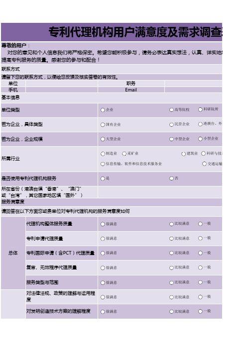 专利代理机构用户满意度及需求调查表