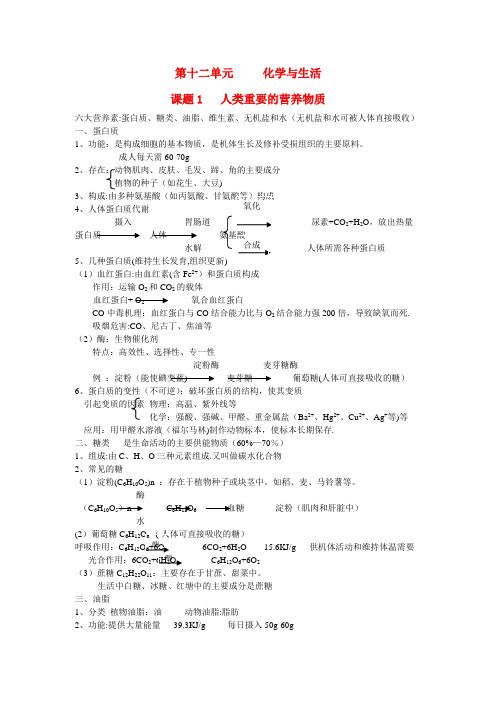 九年级化学下册-第12单元化学与生活教案-人教新课标版