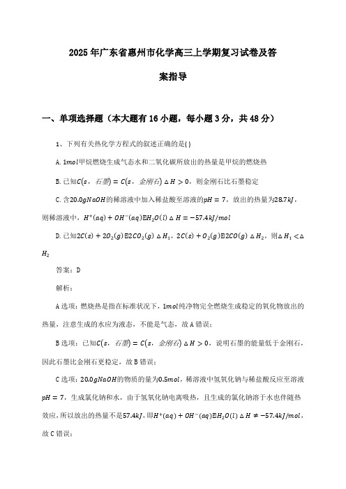 广东省惠州市化学高三上学期2025年复习试卷及答案指导