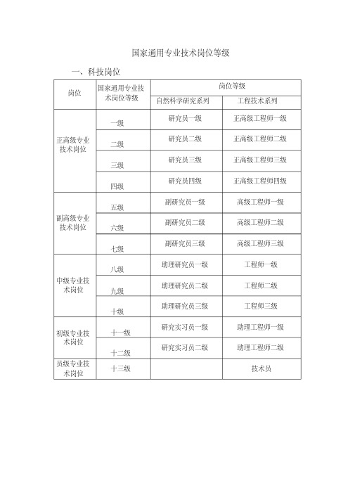 国家通用专业技术岗位等级分类标准