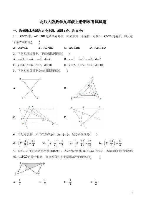 北师大版数学九年级上册期末考试试卷含答案