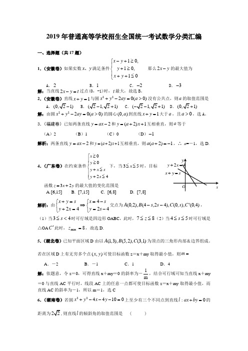 2019年普通高考数学真题汇编答案解析(精)