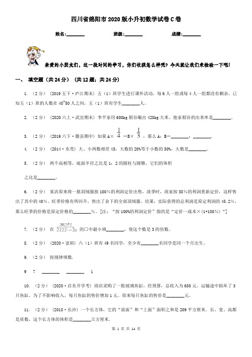 四川省绵阳市2020版小升初数学试卷C卷