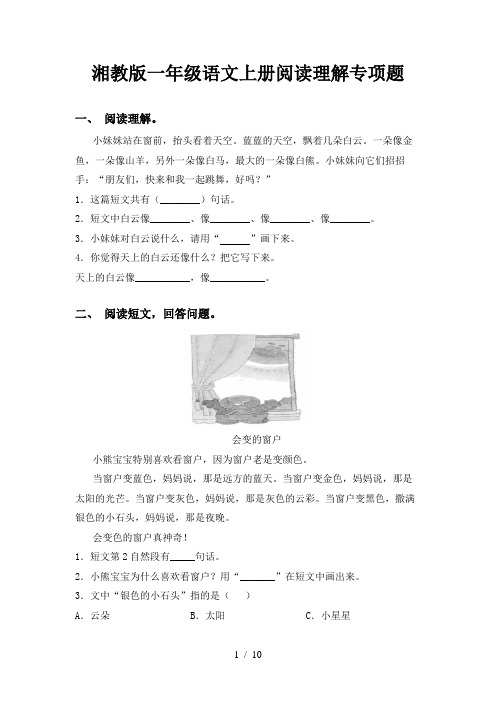 湘教版一年级语文上册阅读理解专项题