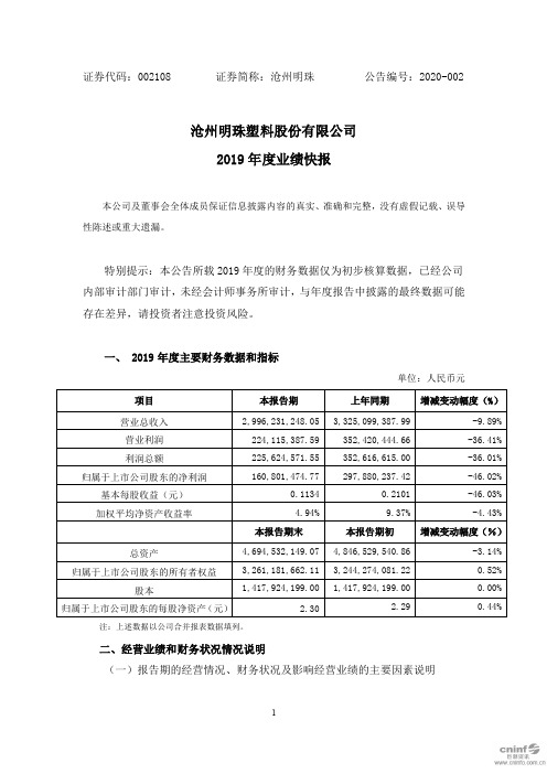 沧州明珠：2019年度业绩快报