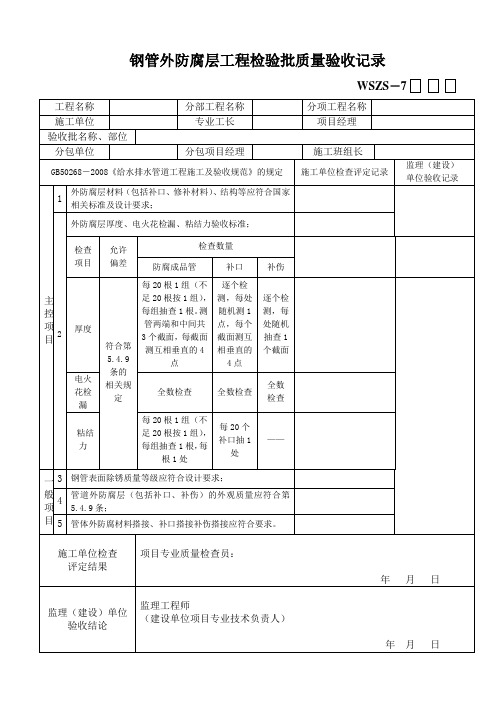 钢管外防腐层工程检验批质量验收记录