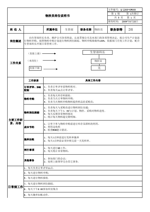 物控员岗位说明书