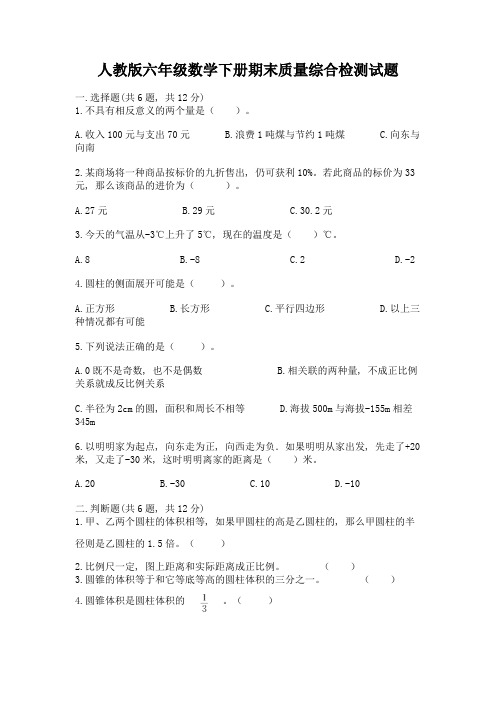 人教版六年级数学下册期末质量综合检测试题及参考答案一套