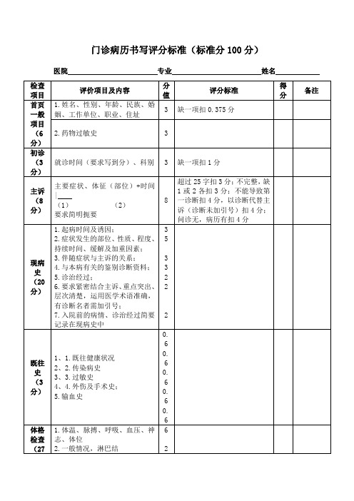 门诊病历书写评分标准