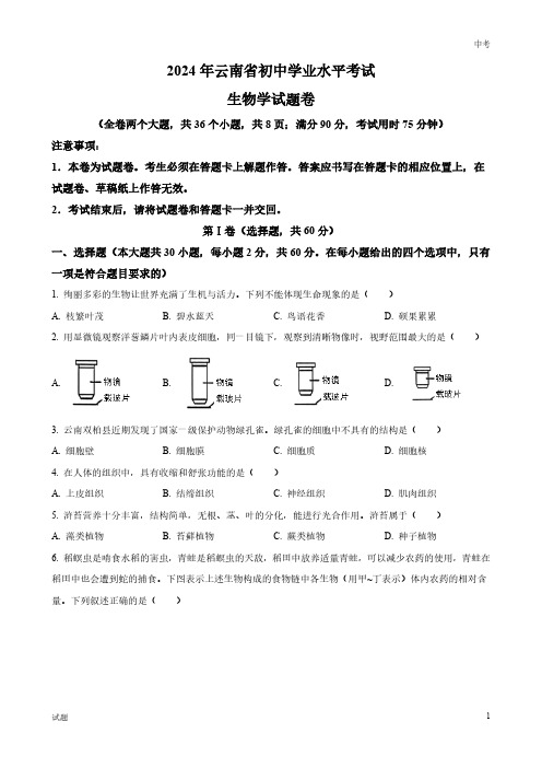 2024年云南省中考生物真题卷及答案解析