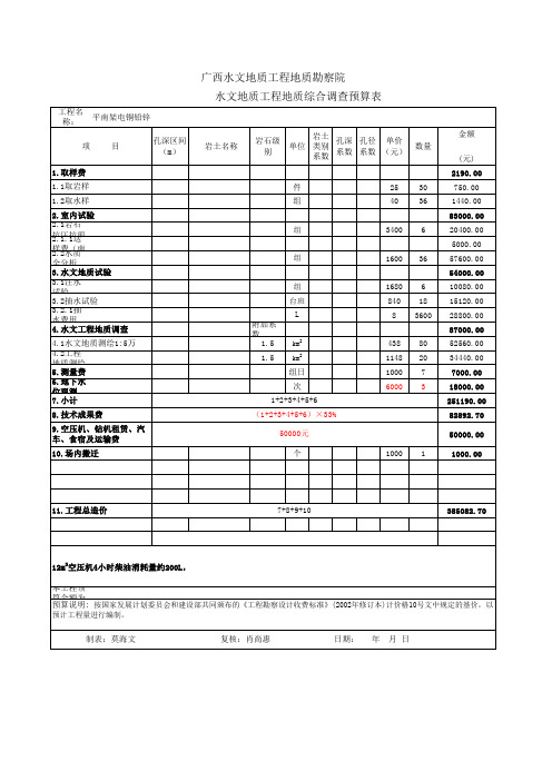 平南架电痛铅锌地质勘查费用预算