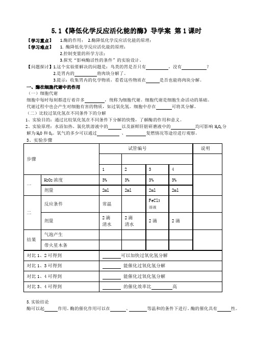 5.1《降低化学反应活化能的酶》导学案 高一生物人教版必修一