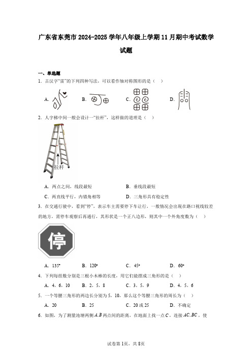 广东省东莞市2024-2025学年八年级上学期11月期中考试数学试题