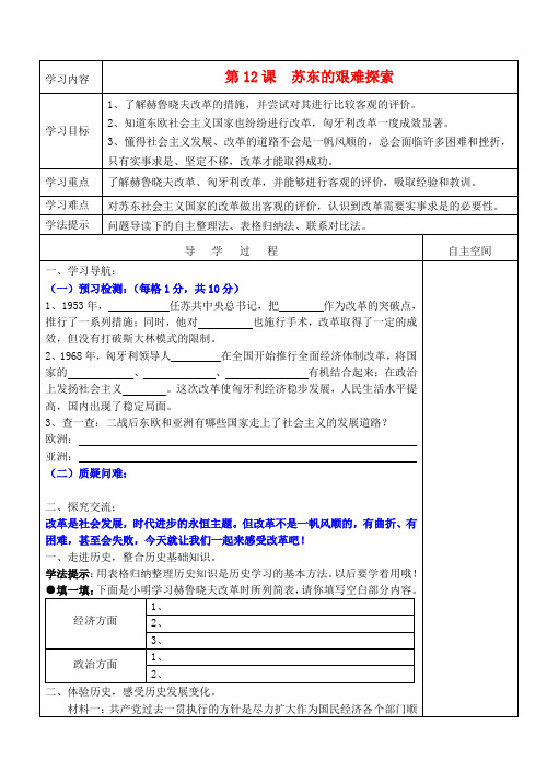 九年级历史下册 第三单元《两极下的竞争》第12课《苏东的艰难探索》精品教学案 北师大版