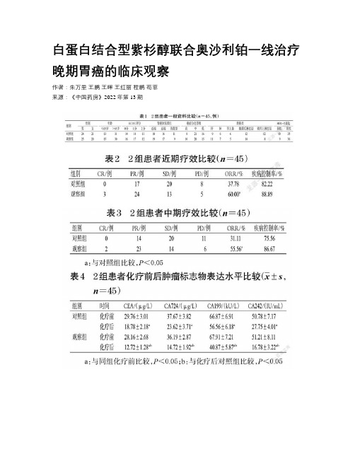 白蛋白结合型紫杉醇联合奥沙利铂一线治疗晚期胃癌的临床观察