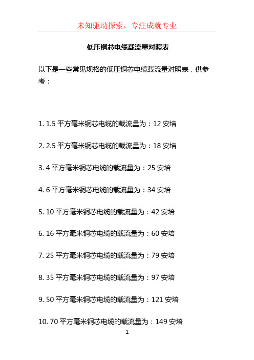 低压铜芯电缆载流量对照表