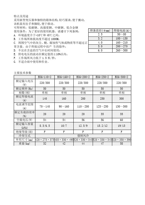 BX6系列交流弧焊机性能参数