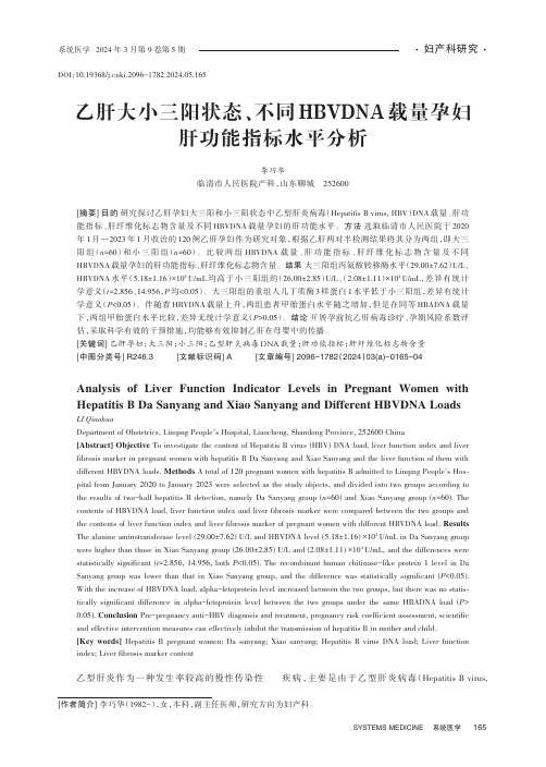 乙肝大小三阳状态、不同HBVDNA载量孕妇肝功能指标水平分析