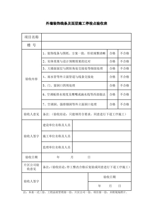 外墙装饰线条及面层施工停检点验收表