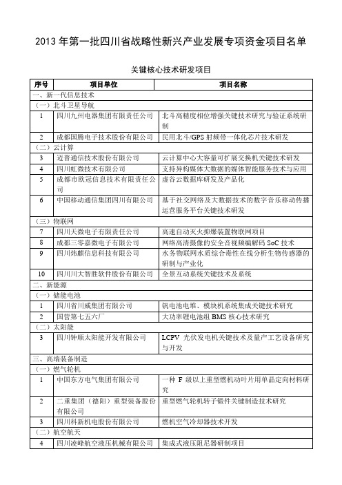 2013年第一批四川省战略性新兴产业发展专项资金项目名单