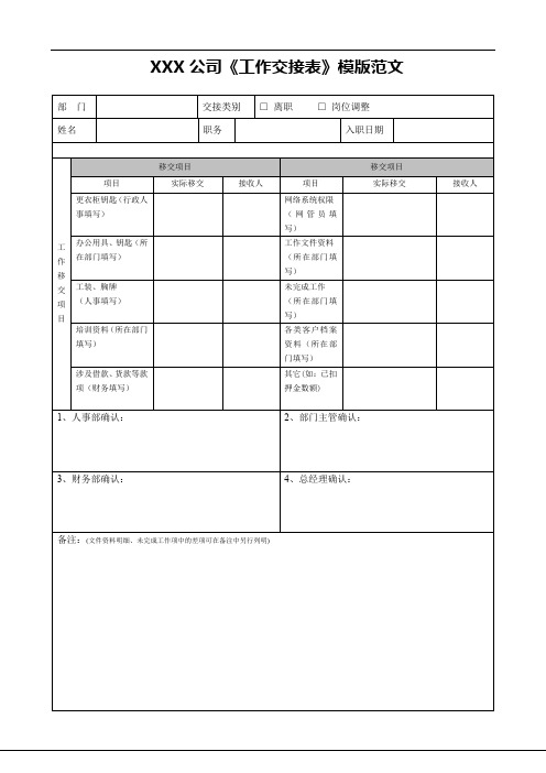 XXX公司《工作交接表》模版范文