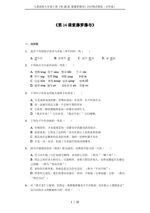 人教新版七年级上册《第16课 紫藤萝瀑布》同步精讲精练(含答案)