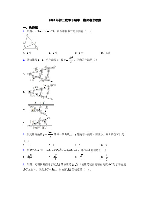 2020年初三数学下期中一模试卷含答案