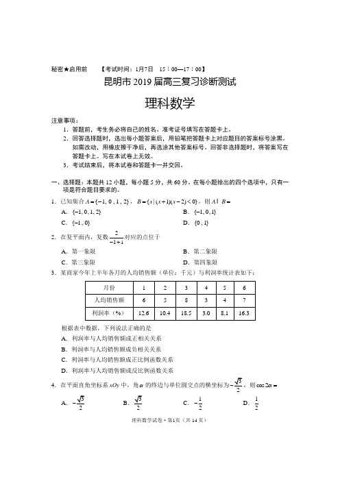 昆明市2019届高三复习诊断测试理数试卷