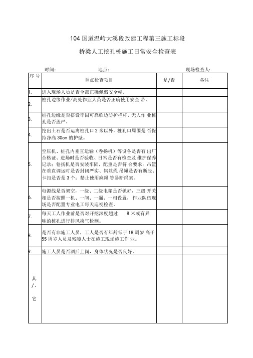 人工挖孔桩日常安全检查表