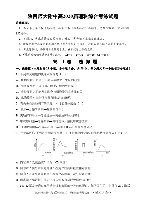 【精品】陕师大附中理综考练试卷