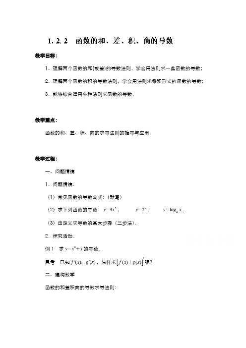 高中数学教案选修2-2《1.2.2 函数的和、差、积、商的导数》