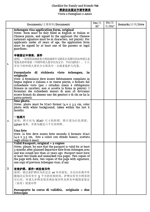 意大利探亲访友签证申请材料清单
