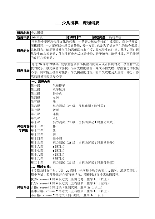 少儿围棋校本课程(社团兴趣小组)实施纲要