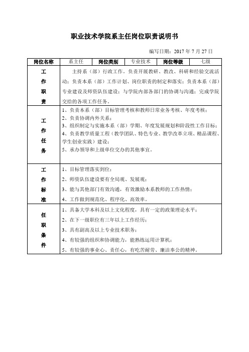 职业技术学院系主任岗位职责说明书