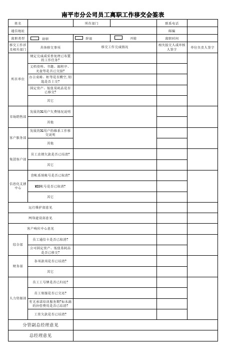 员工离职工作会签表