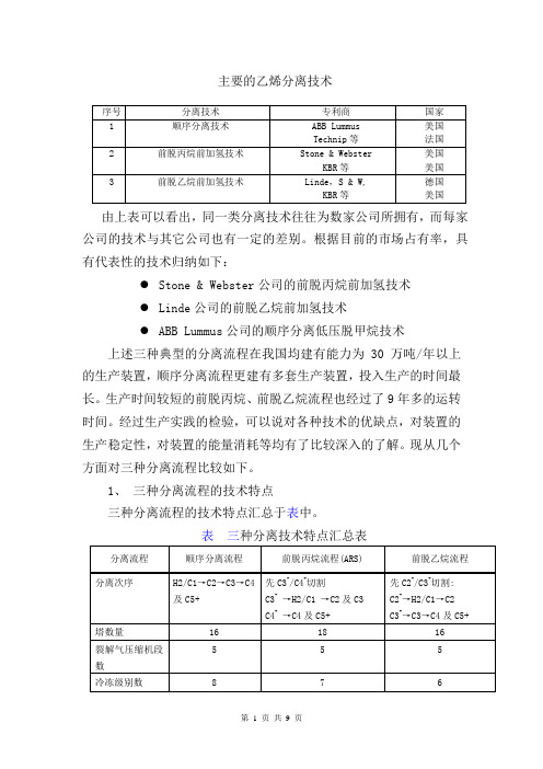 主要的乙烯分离技术