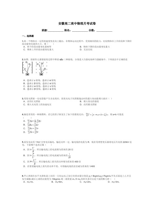 安徽高二高中物理月考试卷带答案解析
