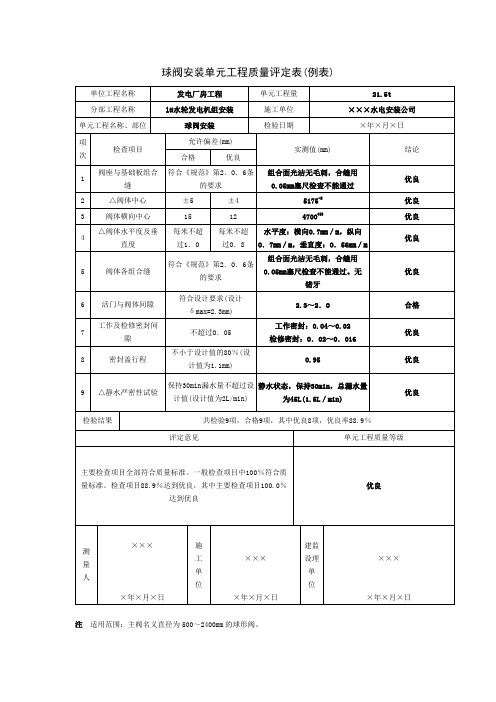 球阀安装单元工程质量评定表