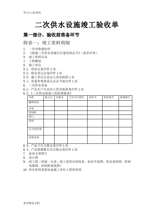 最新二次供水设施验收单