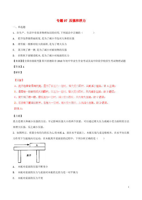 2018年春中考物理试题分项版解析汇编(第06期)专题07 压强和浮力(含解析)