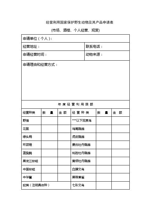 经营利用国家保护野生动物及其产品申请表